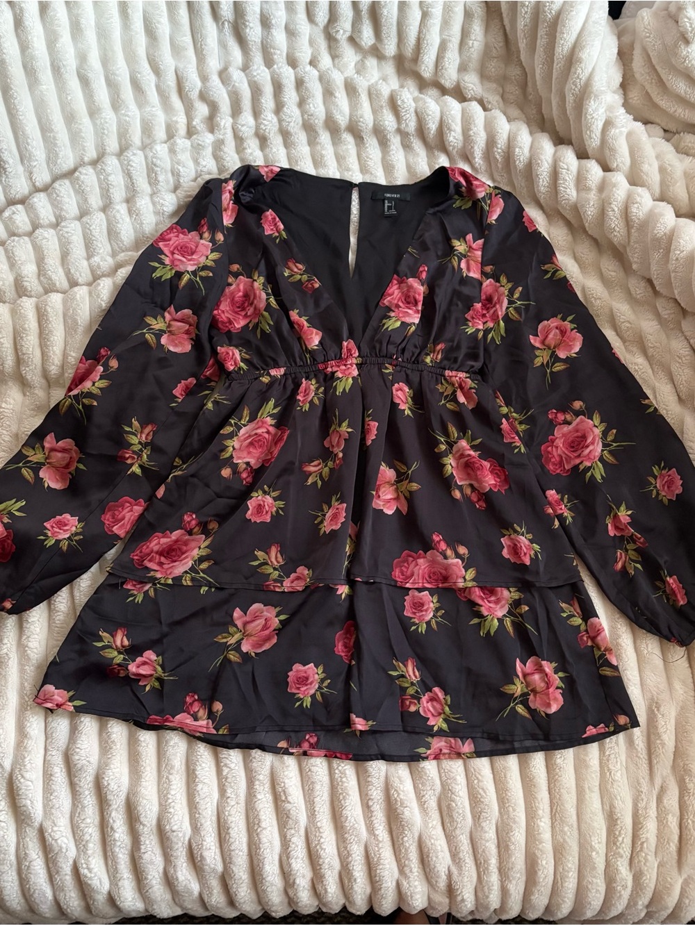 Forever 21 Black Pink Rose Floral Tiered Mini Dress Size L